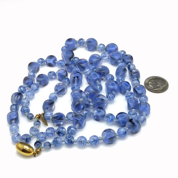 Vintage 1950s Blue Glass Beaded Necklace Double Strand Square Round Beads 18" - Picture 3 of 10